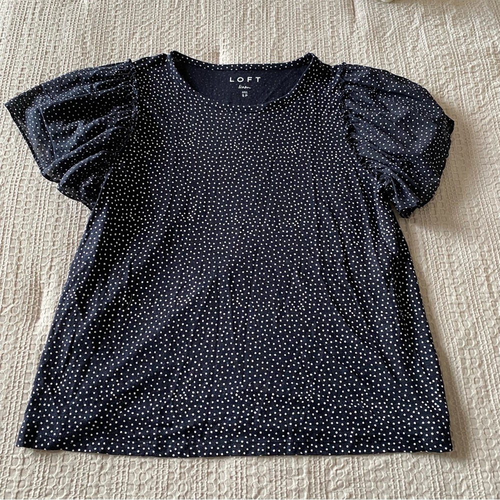 Loft Linen Polka Dot Navy Short Sleeve Top Puff Sleeves Small NWOT Madewell